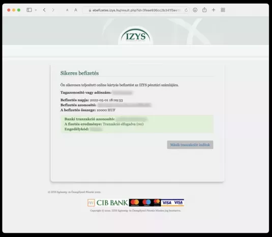 IZYS weboldalon visszaigazoló képernyő a sikeres befizetésről