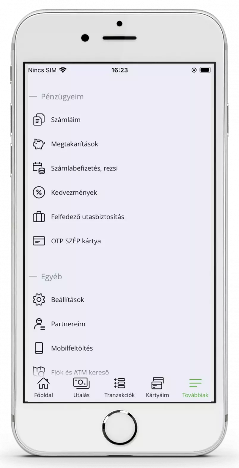 OTP mobilbank oldalsó menü képernyő